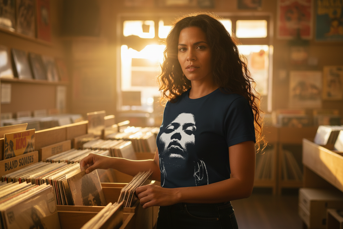 Kvinna i Beat Goddess t-shirt i svart väljer skivor i en skivbutik med varmt gyllene ljus — musikkultur streetwear från Acceso.