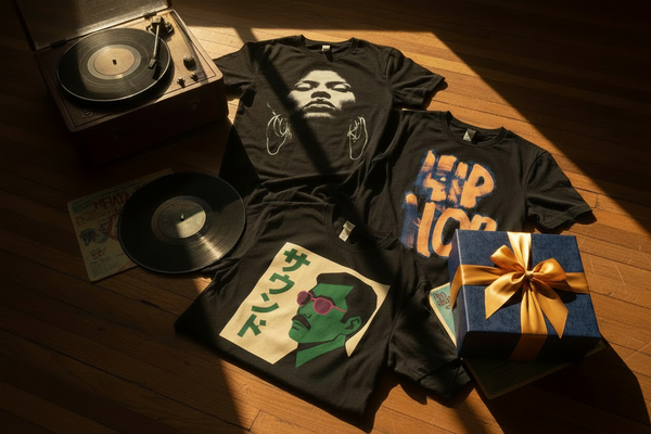 Tre svarta t-shirts från Acceso – Beat Goddess, Hip Hop och Nippon Sound – upplagda på ett trägolv bredvid en vinylskiva, en skivspelare och en inpackad present med guld rosett. Mjukt solljus faller snett över scenen.