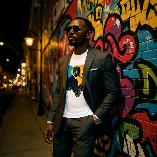 Smooth & Swinging T-shirt unisex på man i kostym mot graffitivägg- Sreetwear från Acceso 