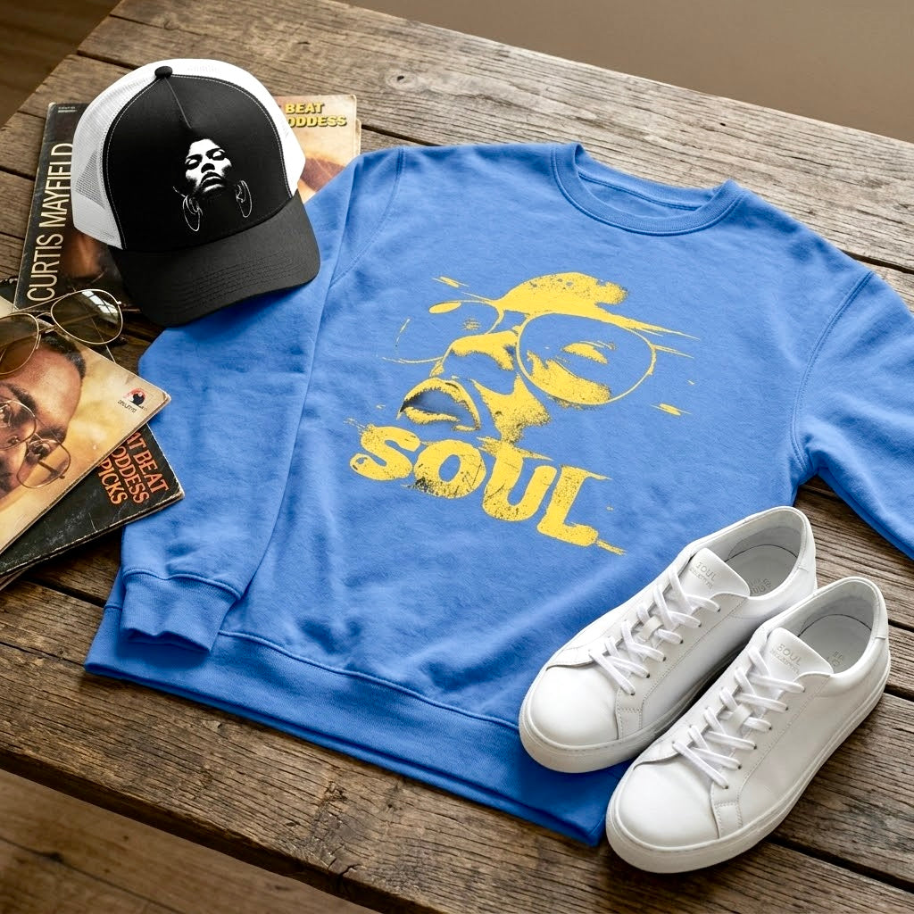 Funky Soul Sweatshirt i blå, flatlay - Acceso 