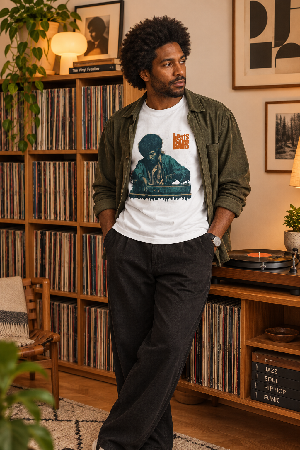 Beats and bars T-shirt vit, lifestyle hemma, skivor, skivspelare 