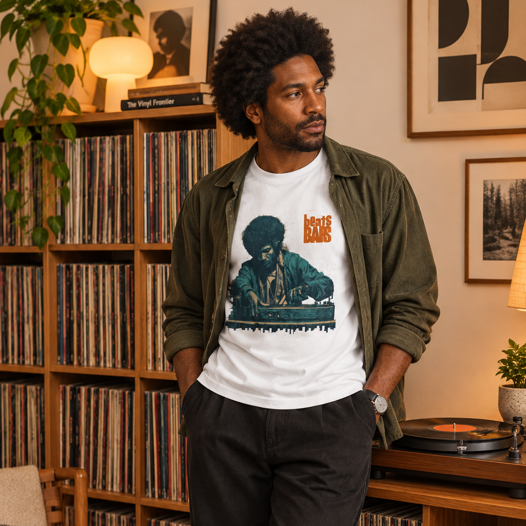 Beats and bars T-shirt vit, lifestyle, på modell i hemmet med skivor och skivspelare 