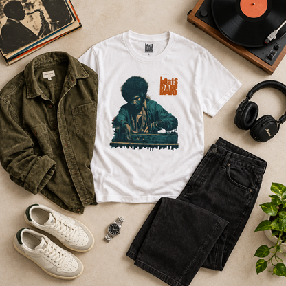 Beats and bars T-shirt vit, flatlay med outfit 