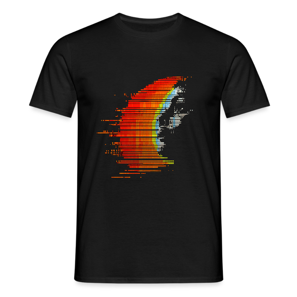 Moroder Mode t-shirt unisex svart från Acceso — musikinspirerad streetwear med färgglitchad grafik inspirerad av Giorgio Moroder och elektronisk dansmusik.
