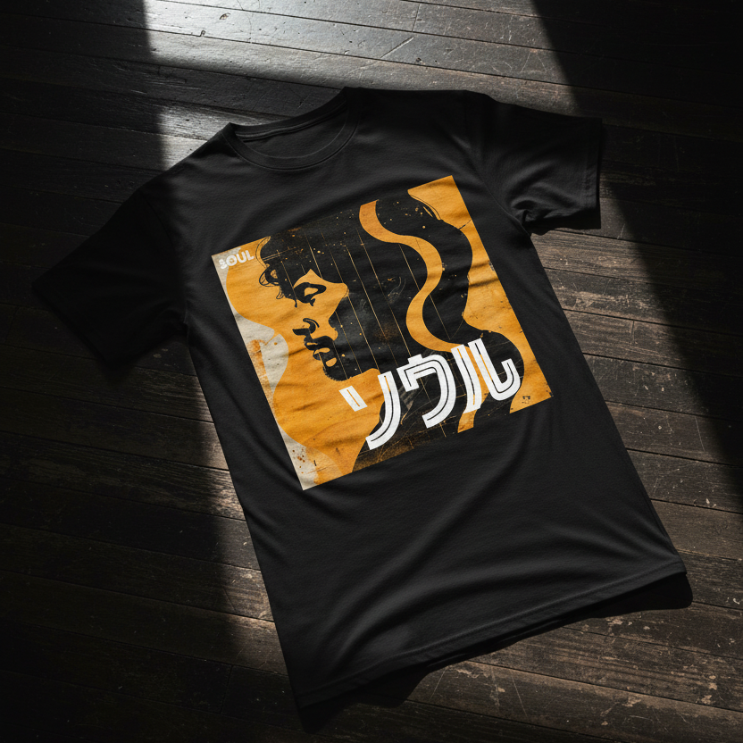 Nippon Grooves T-Shirt svart - Flatlay på träbord 
