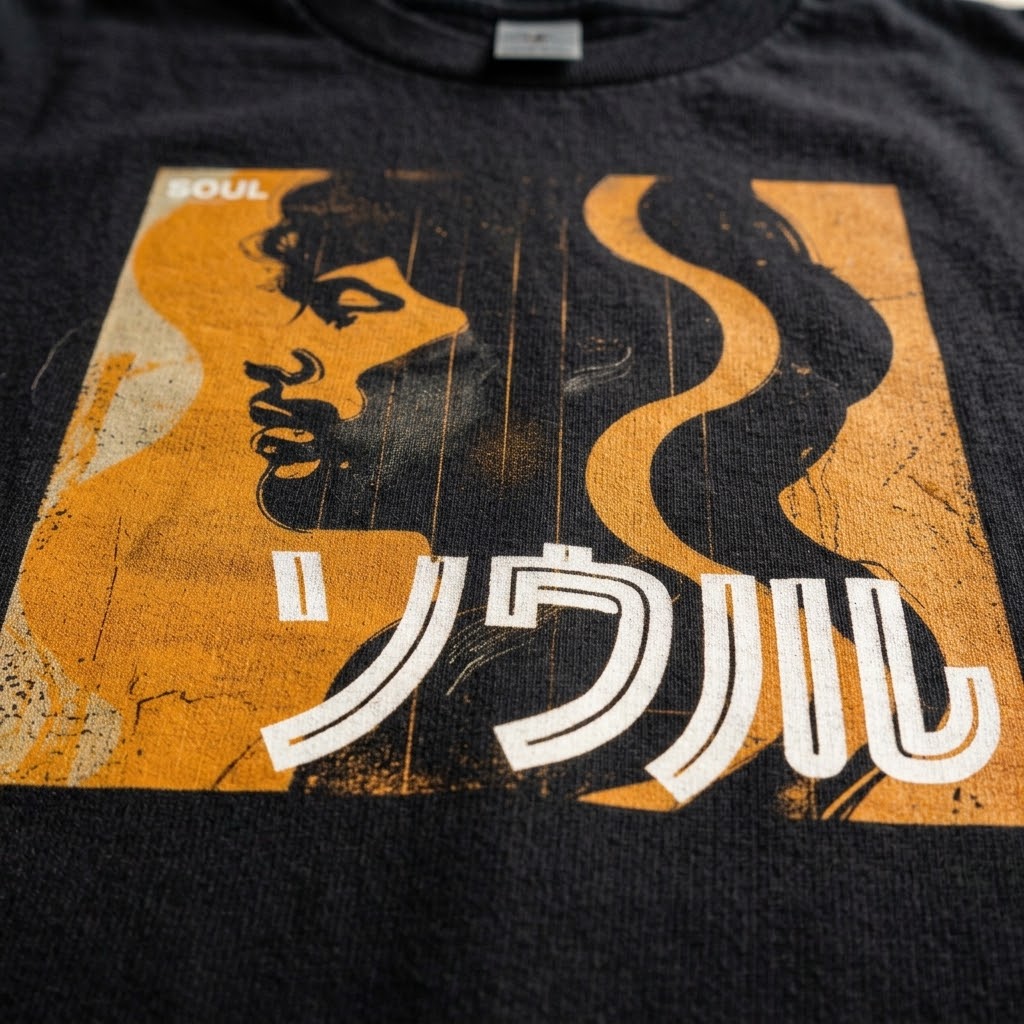 Närbild på tryck och bomullstextur för Nippon Grooves t-shirt. I svart - Acceso.se