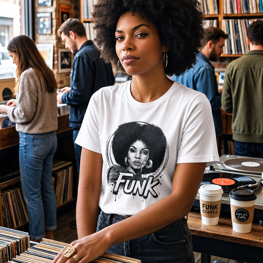 Funk Queen t-shirt vit, kvinna i skivaffär - Acceso