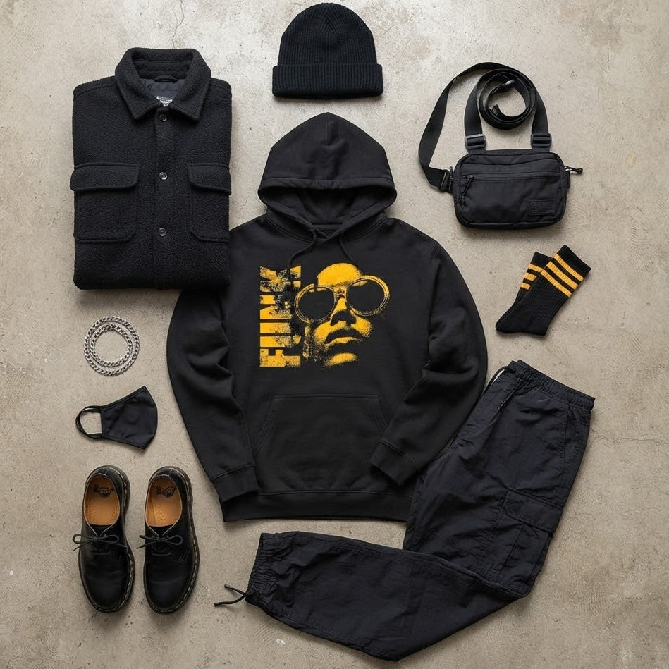 Funk Eternal Hoodie i svart med styling förslag, flatlay 