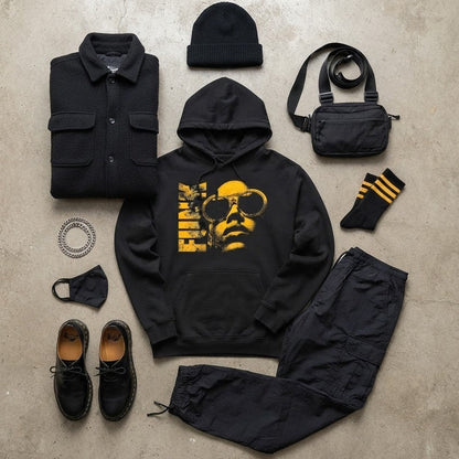 Funk Eternal Hoodie i svart med styling förslag, flatlay 