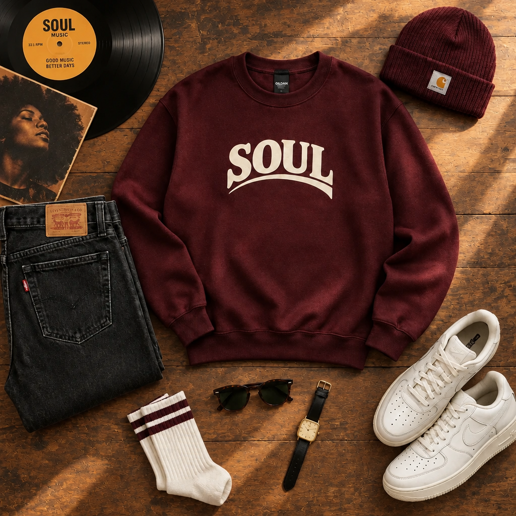 All about Soul Sweatshirt vinröd , flatlay med outfit 