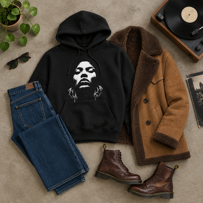 Beat Goddess hoodie svart, flatlay med outfit 