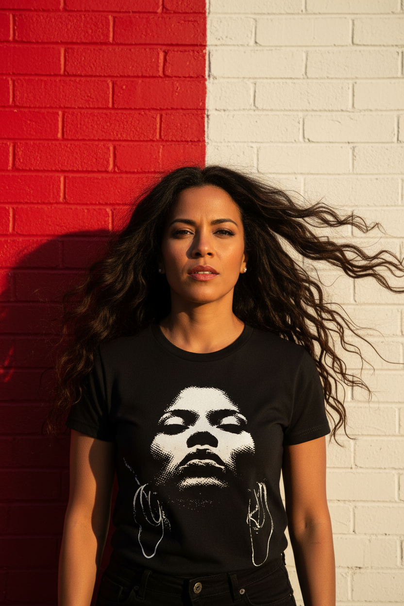 Beat Goddess T-shirt lifestyle image with windswept hair