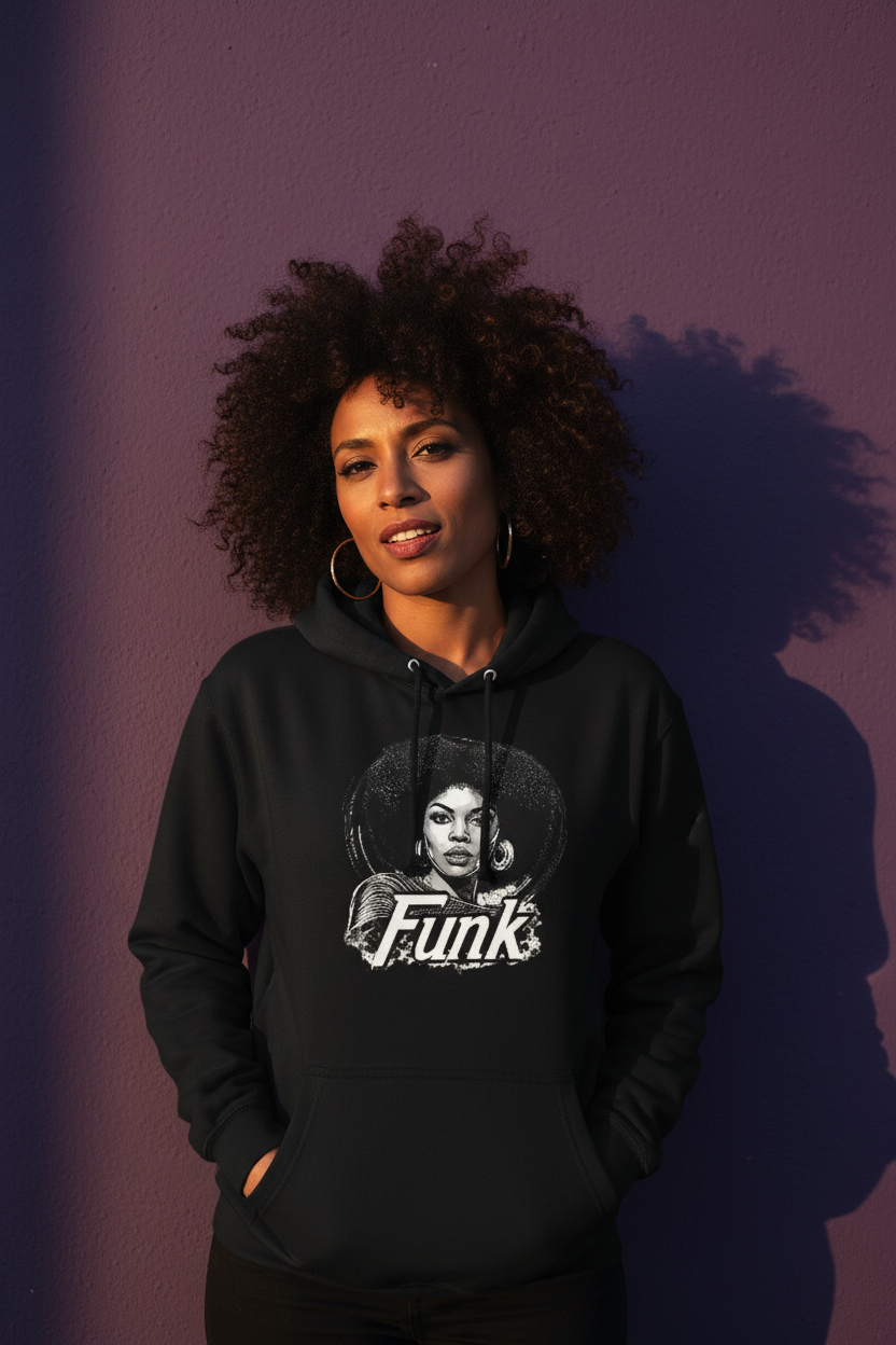 Funk Queen hoodie lifestyle image close to wall