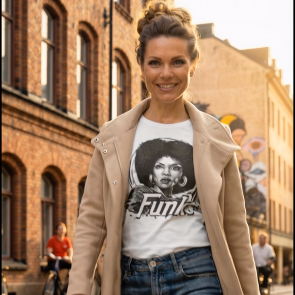 Funk Queen T-shirt unisex i vitt – livsstilsfoto på gata