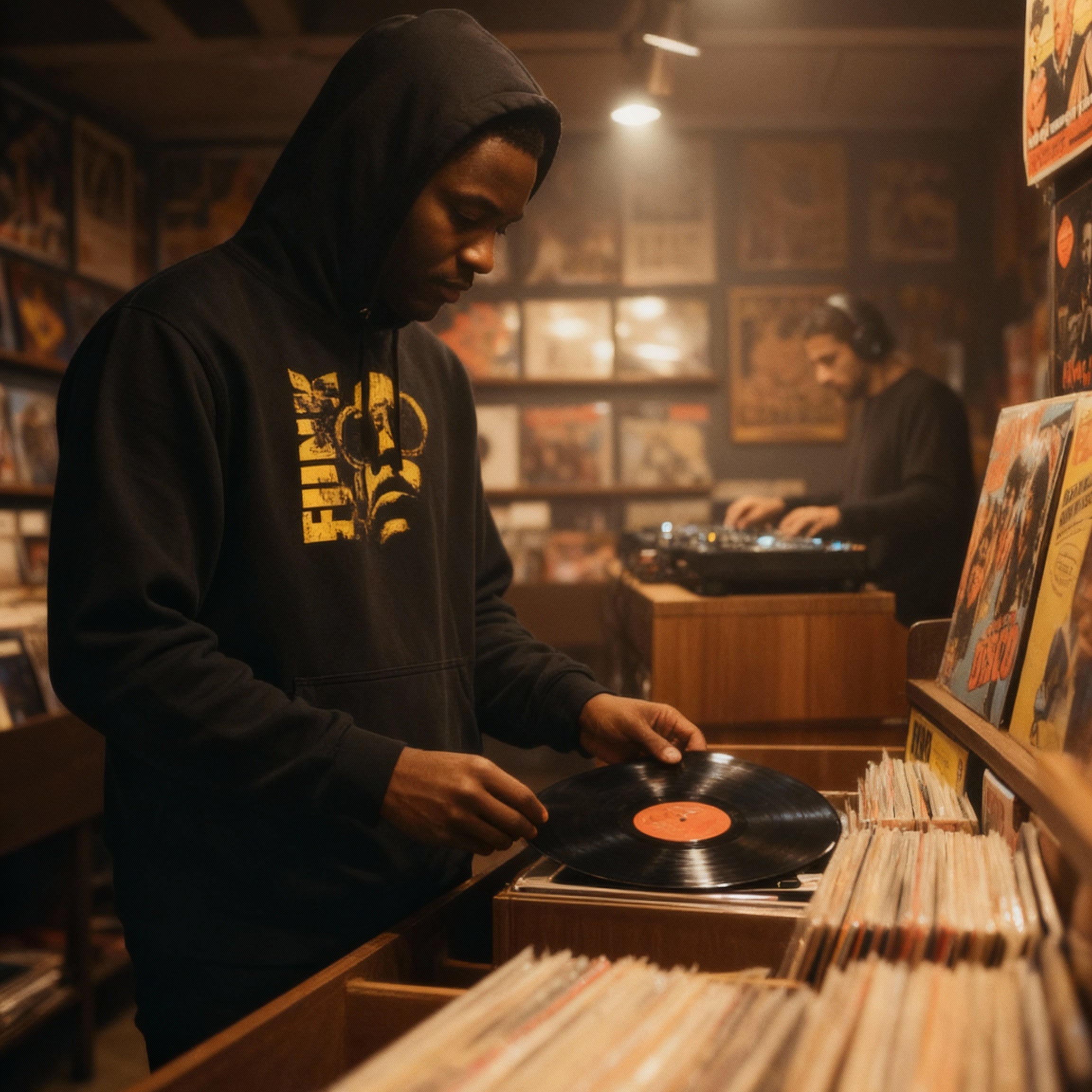 Person som bär Funk Eternal luvtröja svart - funkmusik streetwear skivbutik 