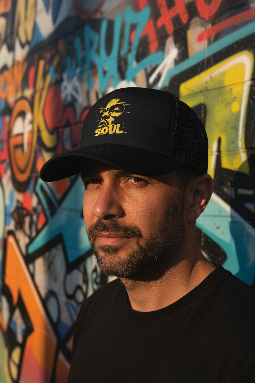 Funky Soul Trucker Cap lifestyle headshot