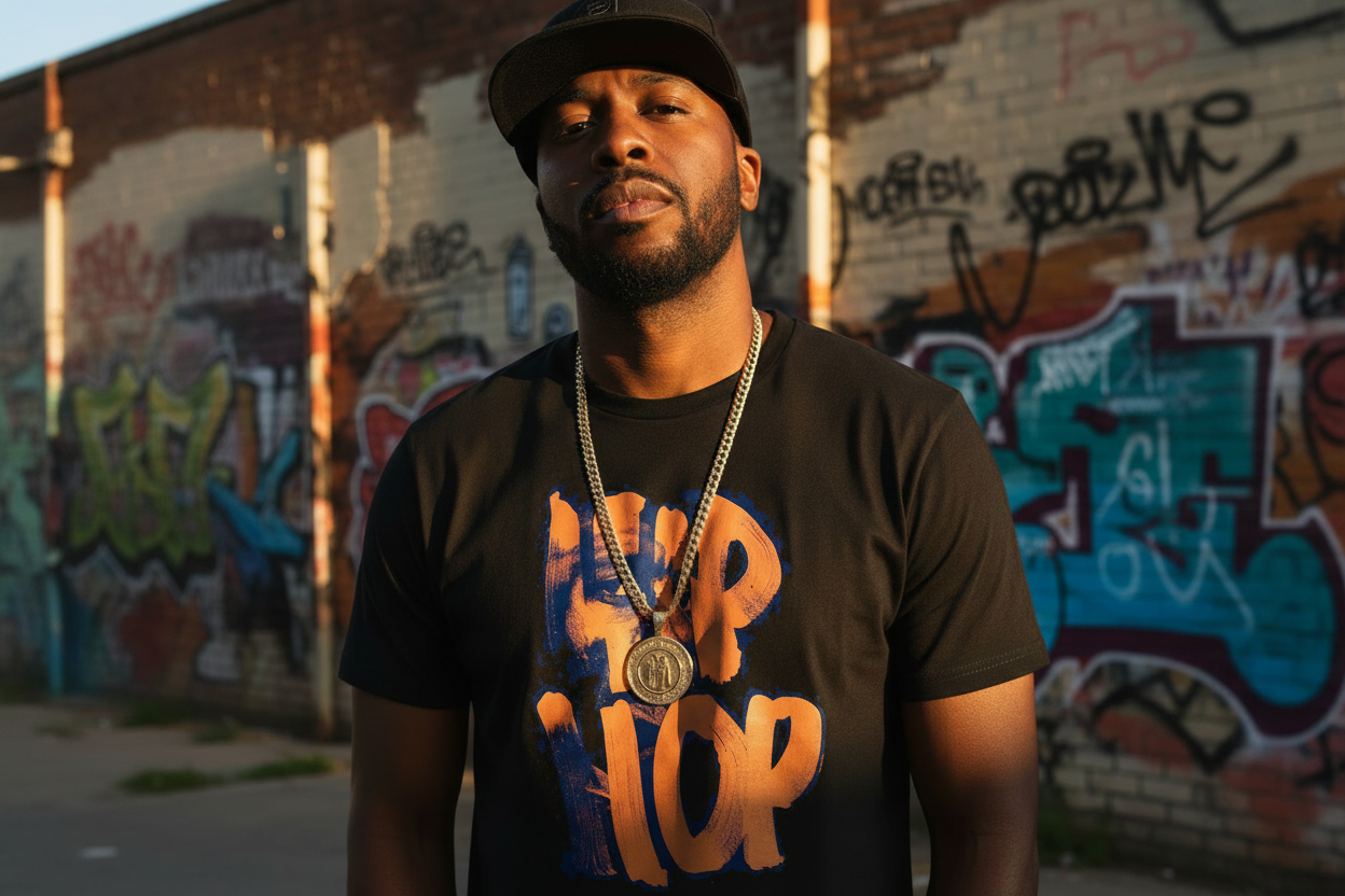 Hero banner med modell i Hip Hop t-shirt