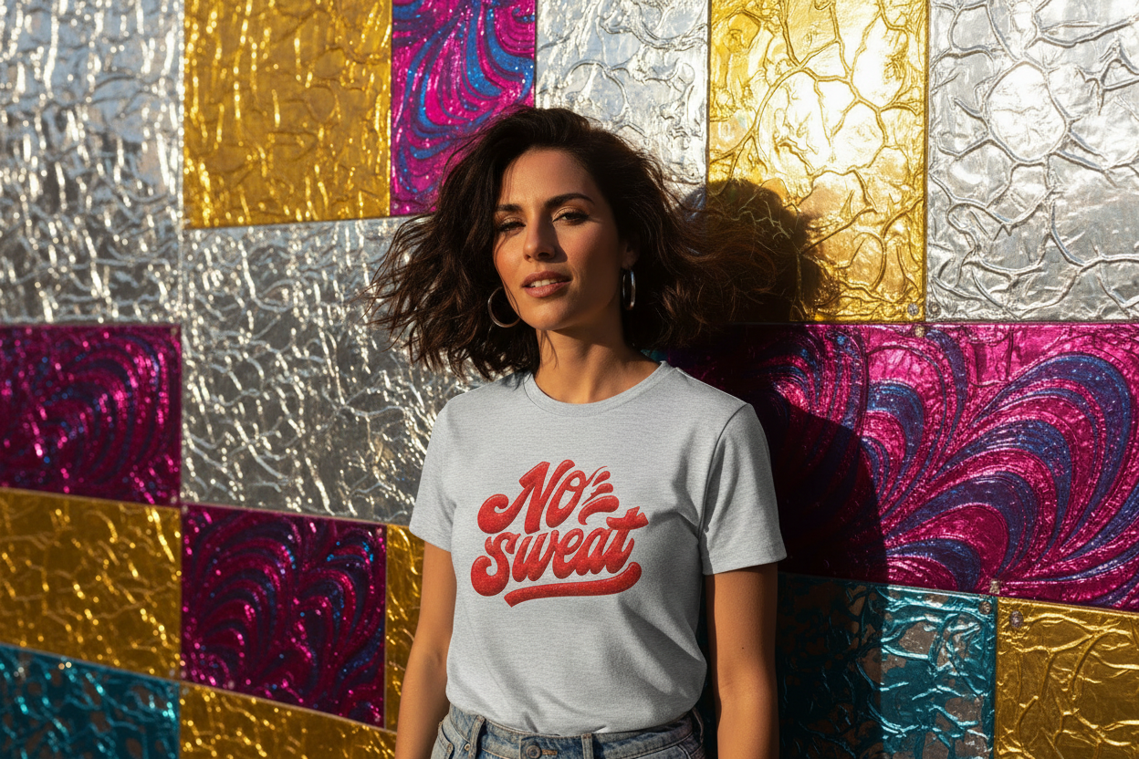 Hero banner med modell i No Sweat t-shirt