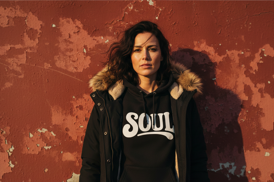 Hero banner med modell i parka och Soul-hoodie