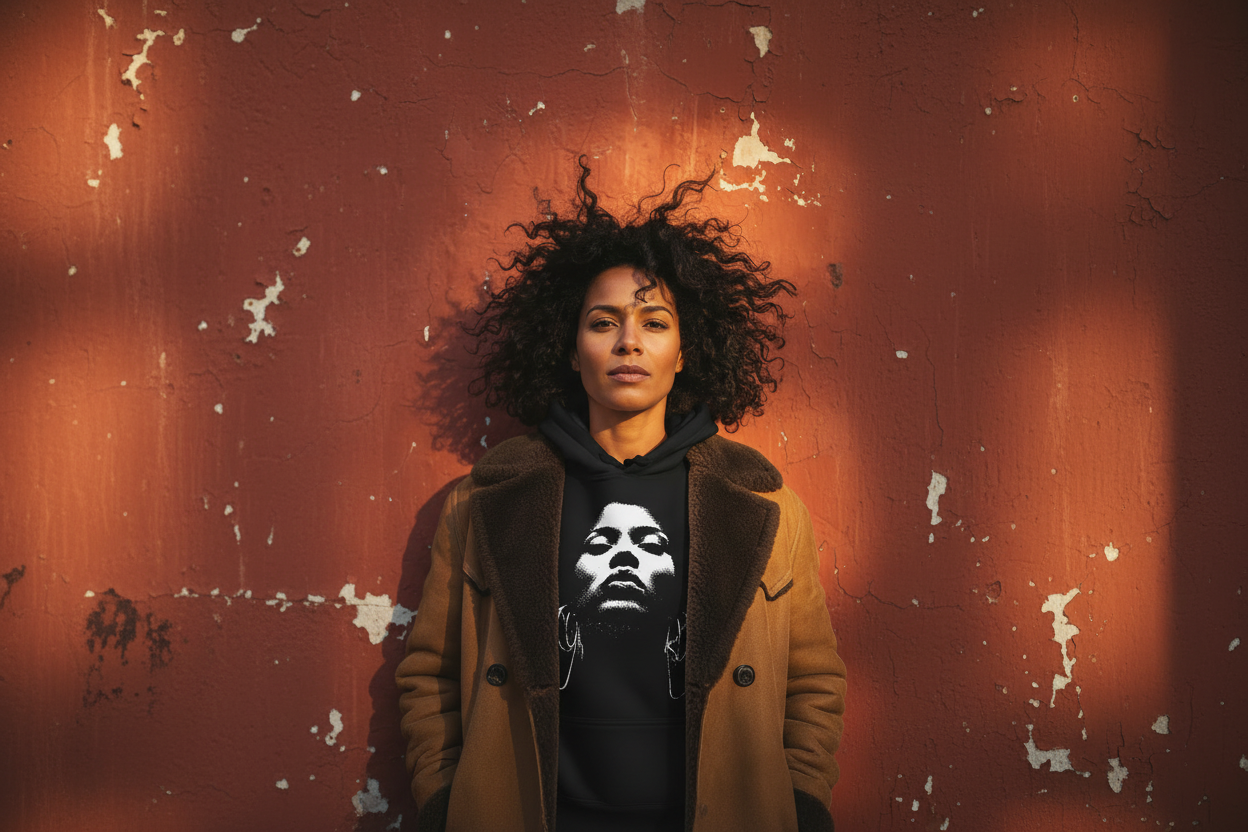 Hero banner med modell i shearling-jacka och hoodie