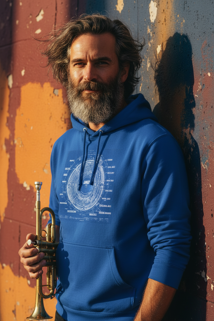 Jazz musician with trumpet in Kind of Blueprint hoodie against red wall