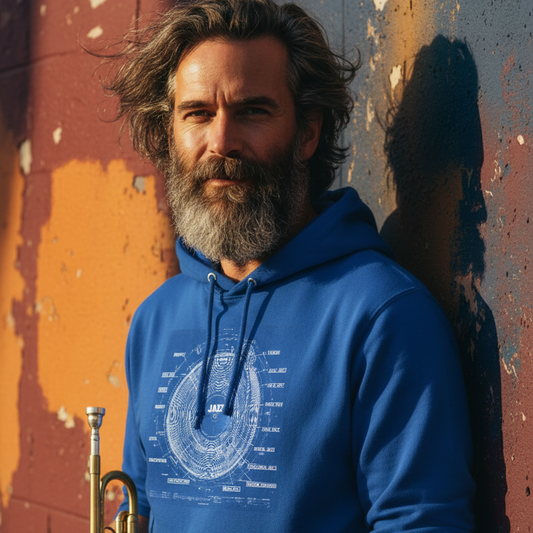 Kind of Blueprint Hoodie-jazz musiker med trumpet i handen mot röd vägg 