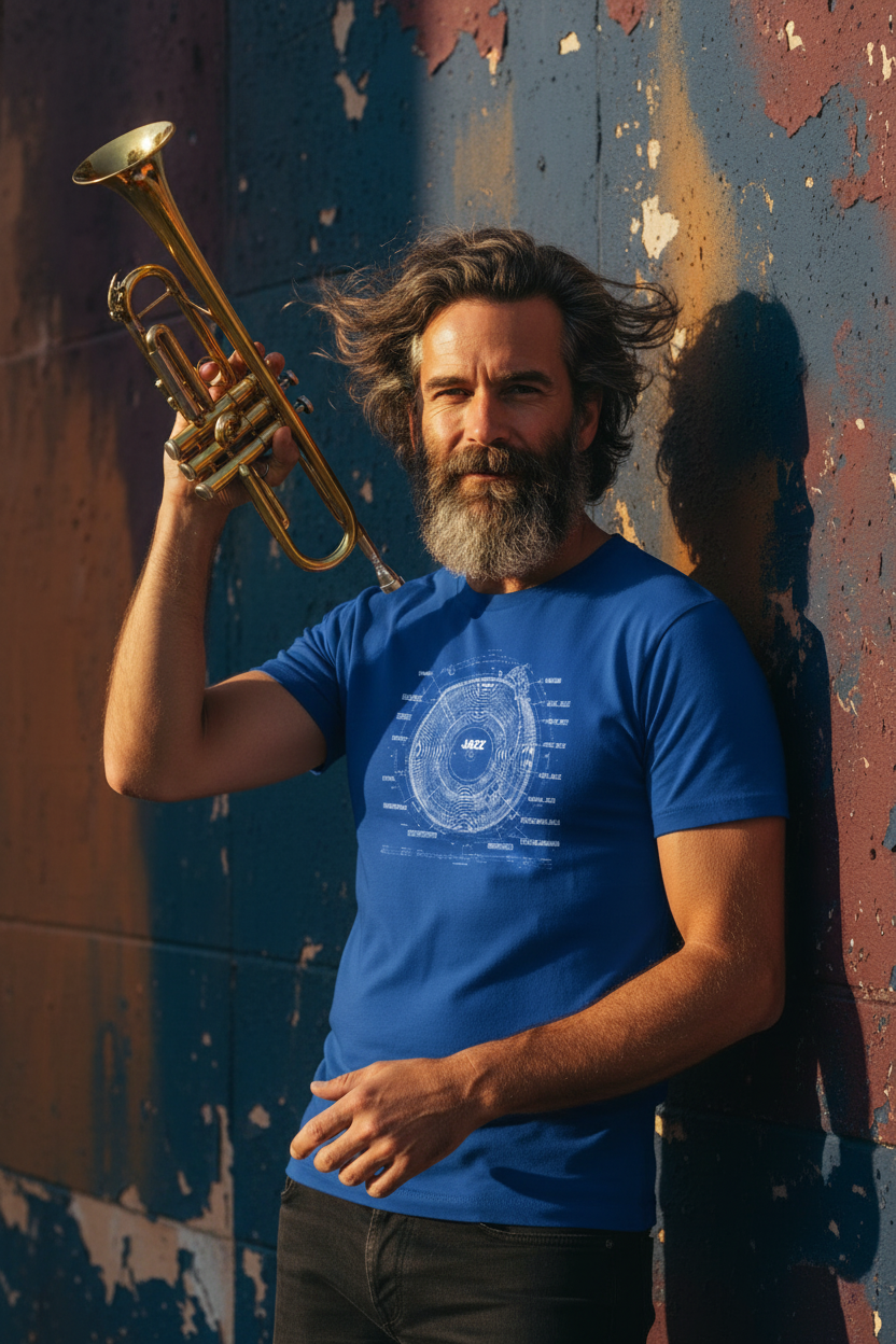 Jazz musician with trumpet in Kind of Blueprint t-shirt - wind and dynamic pose