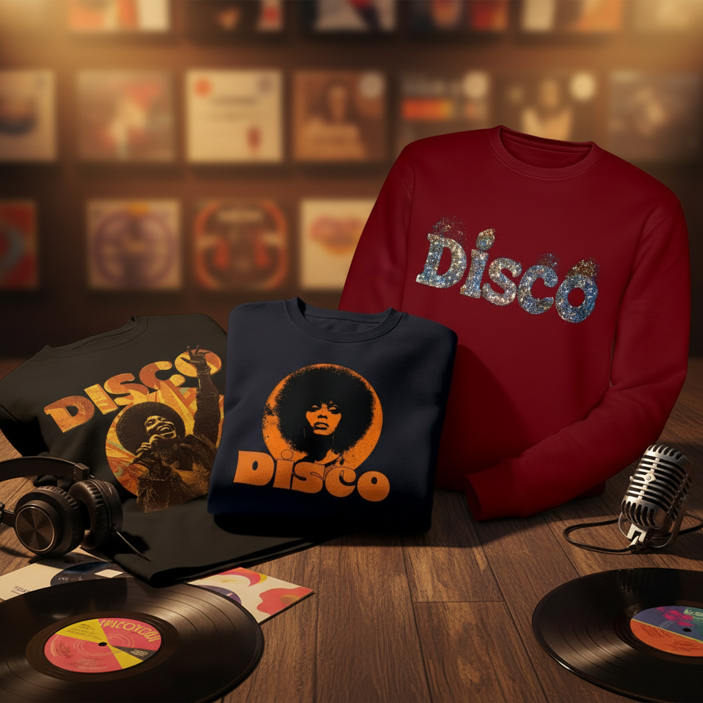 Premium lifestyle-fotografi med Boogie Soul t-shirt, Disco Inferna sweatshirt och Star Dust sweatshirt