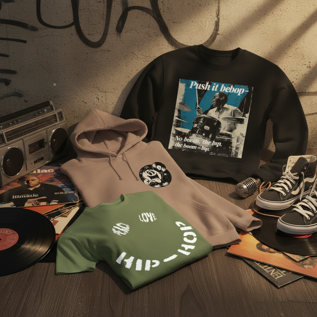 Premium lifestyle-fotografi med Groove Chaser hoodie, Push it Bebop sweatshirt och Peace, Love & Hip-Hop t-shirt