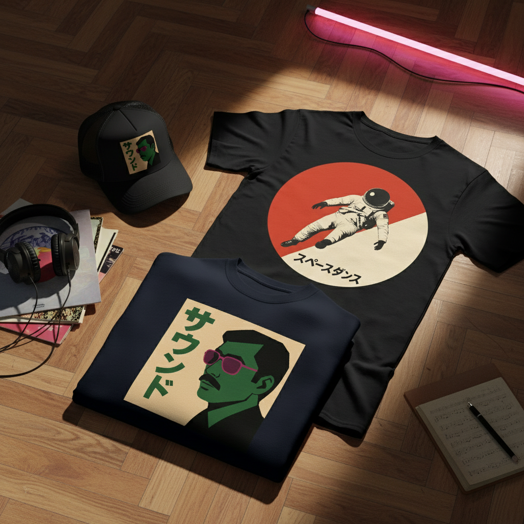 Premium lifestyle-fotografi med Nippon Sound sweatshirt, Space Dance t-shirt och Nippon Sound Trucker cap