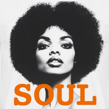 Soul PWR T-shirt – närbild på trycket med soulikon och orange SOUL-text
