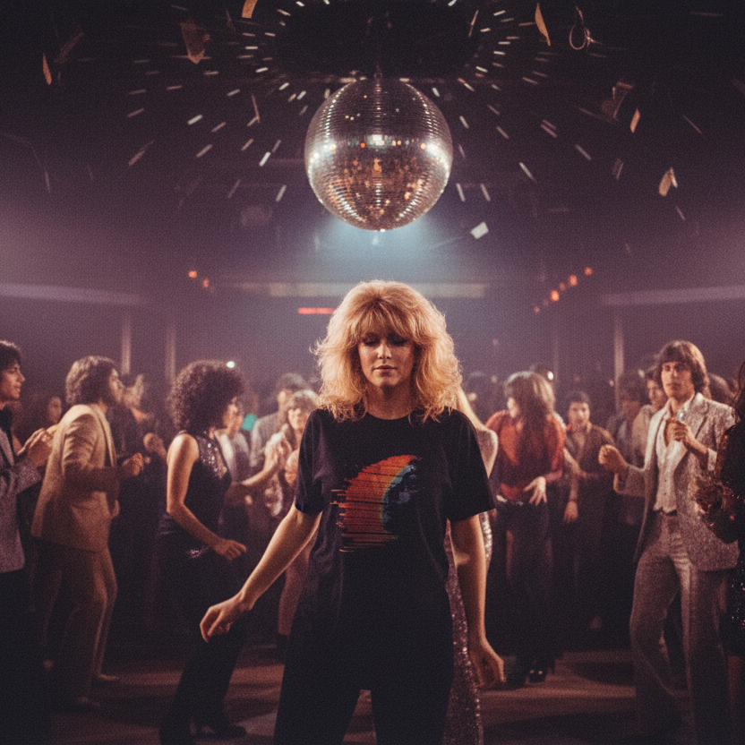 
Kvinna i Moroder Mode t-shirt dansar på ett discogolv under en spegelboll med varmt gyllene ljus — musikinspirerad streetwear från Acceso.