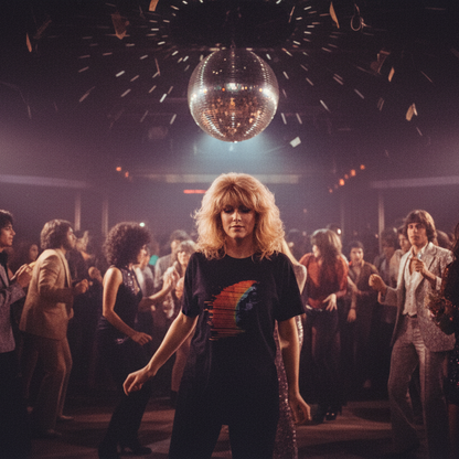 
Kvinna i Moroder Mode t-shirt dansar på ett discogolv under en spegelboll med varmt gyllene ljus — musikinspirerad streetwear från Acceso.