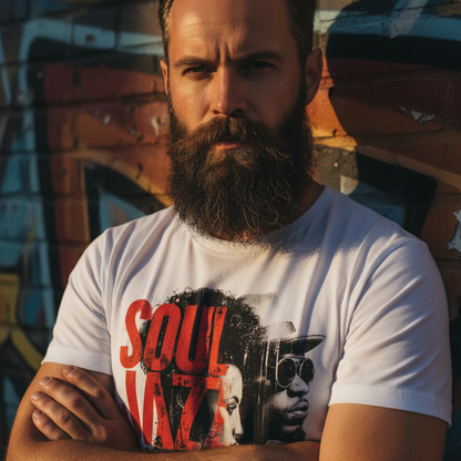A man wearing The Essence of Soul Jazz T-shirts i vit unisex golden hour 