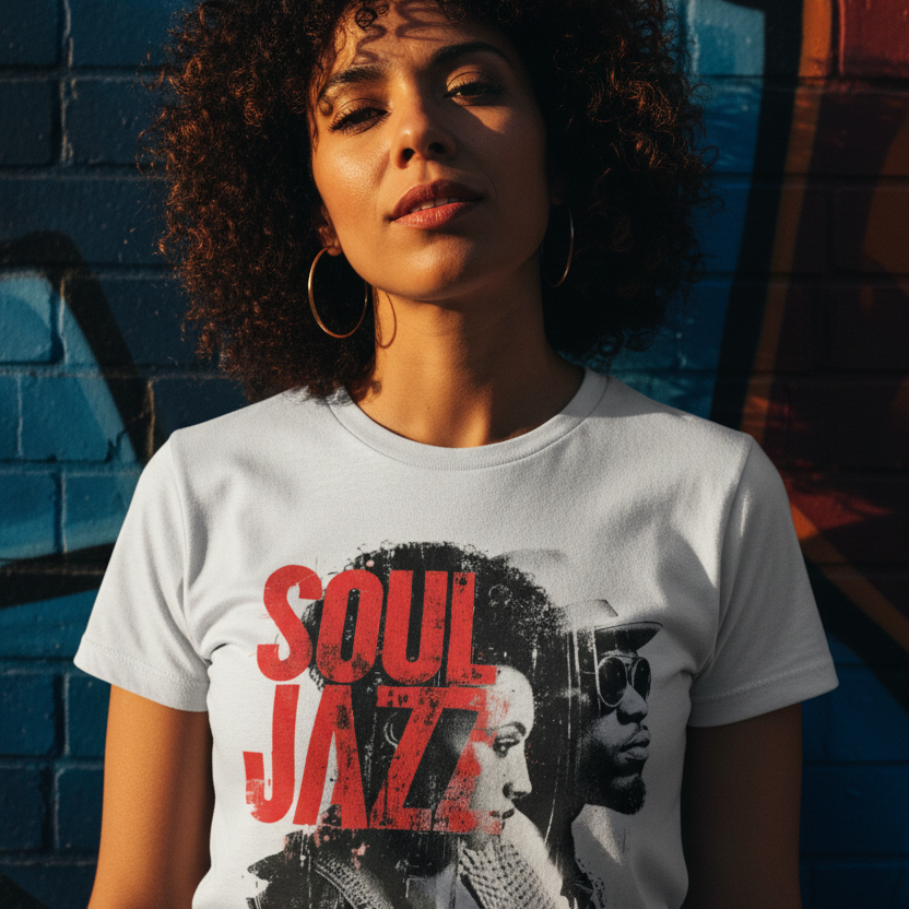 Woman wearing The Essence of Soul Jazz T-shirts i vit unisex golden hour 