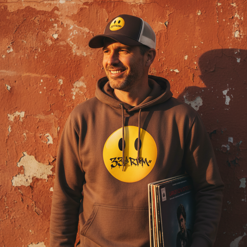 Turntable grin hoodie, man with vinyl records